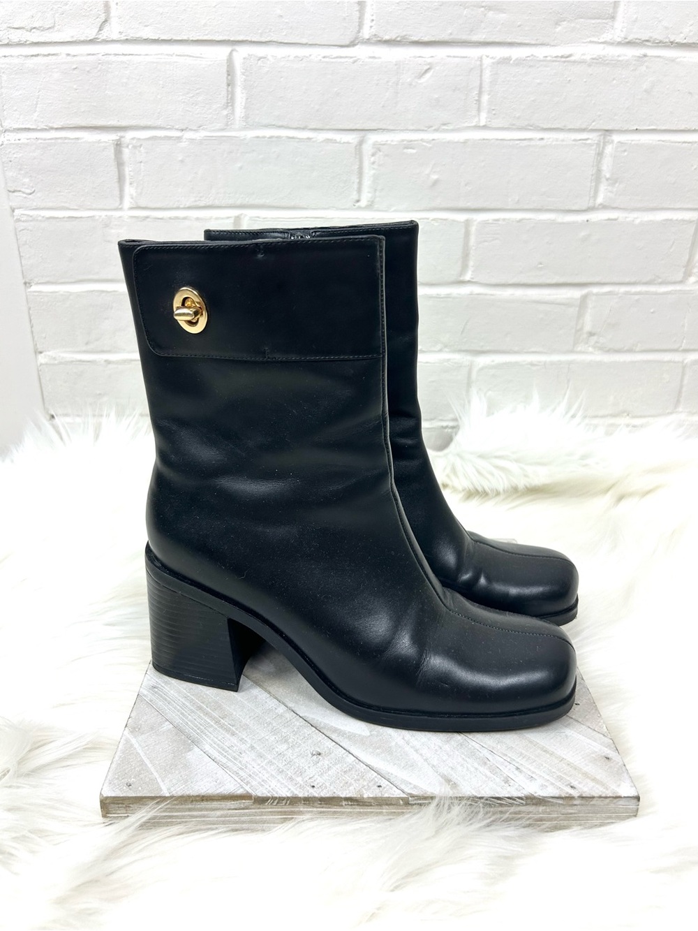 J.G.Hook Vintage Black Leather Chunky Heel Boots Size 7.5